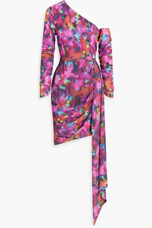 ONE33 SOCIAL One-sleeve ruched printed satin-crepe mini dress - Purple