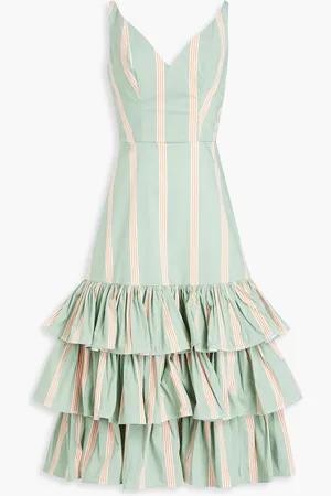Stella Jean Gathered striped cotton-blend poplin midi dress - Green