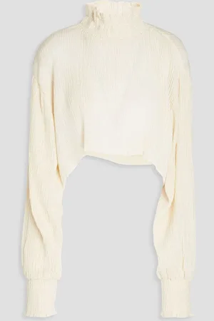 Savannah Morrow Amaia cropped plissé bamboo and silk-blend turtleneck top - White