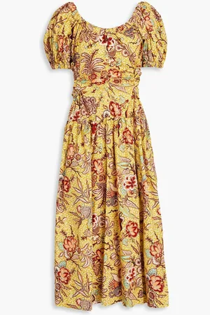 ULLA JOHNSON Golda cutout printed cotton-poplin midi dress - Yellow