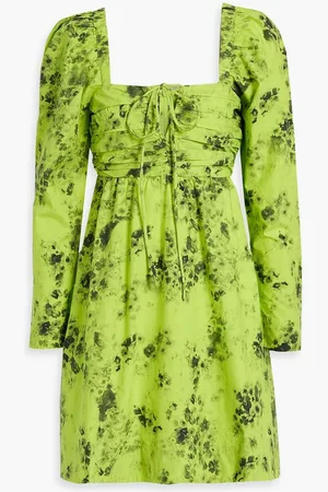 Ganni Ruched floral-print cotton-poplin mini dress - Green