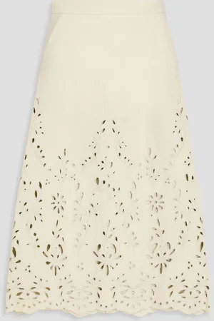 Chloé Broderie anglaise hemp and paper-blend midi skirt - White