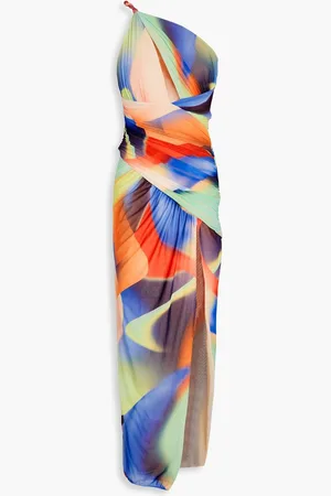 Nicholas One-shoulder cutout printed mesh maxi dress - Green