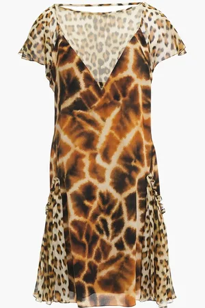 Roberto Cavalli Leopard-print chiffon-paneled silk-blend crepe de chine mini dress