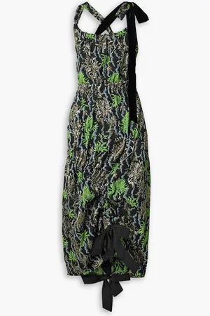 MERYLL ROGGE Asymmetric velvet-trimmed metallic cloqué-jacquard dress