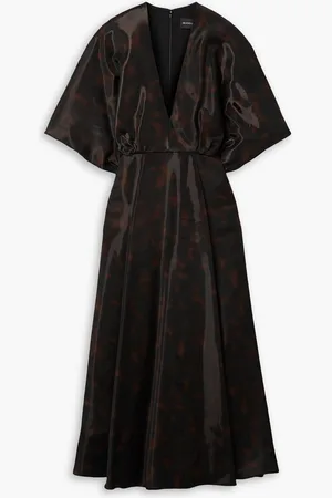BRANDON MAXWELL Gathered printed gazar midi dress - Brown