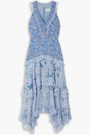 SALONI Jolie tiered floral-print silk-chiffon and crepon maxi dress - Blue