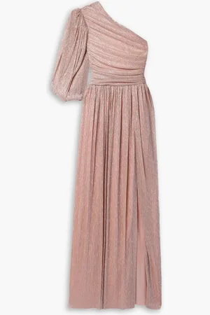 Costarellos Morgan one-sleeve gathered plissé-lamé gown - Pink