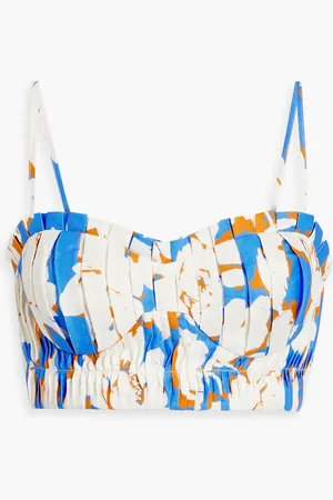 Nicholas Pleated floral-print linen bustier top - Blue