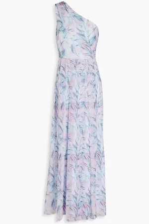 MIKAEL AGHAL One-shoulder pleated printed chiffon maxi dress - Purple