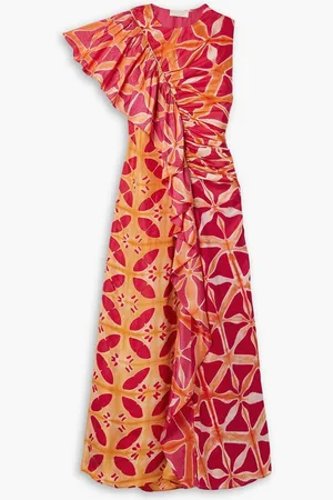 ULLA JOHNSON Lali ruched ruffled printed silk maxi dress - Pink