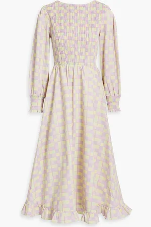 OLIVIA RUBIN Shirred checked twill midi dress