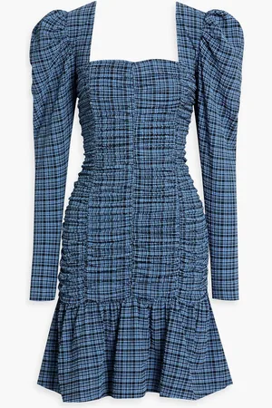 Ganni Ruched checked stretch-seersucker mini dress