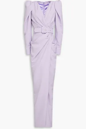 RHEA COSTA Belted pleated crepe gown - Purple
