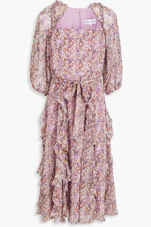 MIKAEL AGHAL Ruffled floral-print chiffon midi dress - Purple