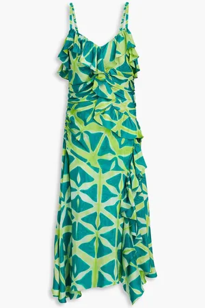 ULLA JOHNSON Zoya ruffled printed silk-satin midi dress - Green