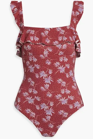 Eberjey Jace ruffled printed stretch-piquè swimsuit - Red