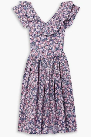 BATSHEVA Laura Ashley Ileang ruffled printed cotton-poplin midi dress - Purple