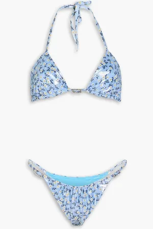 Alessandra Rich Crystal-embellished floral-print stretch-lamé halterneck triangle bikini