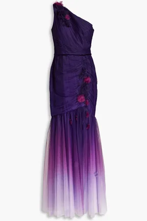 Marchesa Notte One-shoulder floral-appliquéd dégradé tulle gown