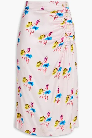 Ganni Ruched floral-print silk-blend satin midi wrap skirt - Pink