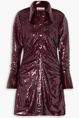 Ganni Ruched sequined satin mini shirt dress