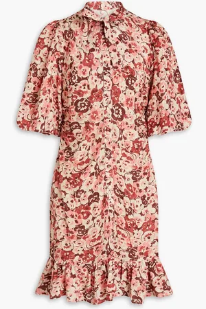 by Ti Mo Gathered floral-print jacquard mini shirt dress - Neutral