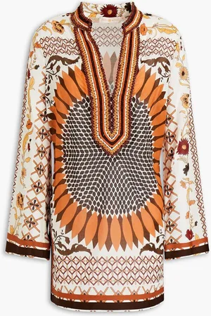 Tory Burch Embellished printed cotton-voile tunic - White