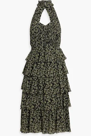 MIKAEL AGHAL Cutout tiered printed crepe de chine midi dress