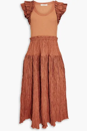 ULLA JOHNSON Virginia ribbed jersey-paneled woven midi dress - Brown