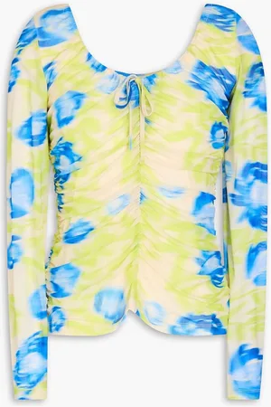 Ganni Ruched printed mesh top - Green