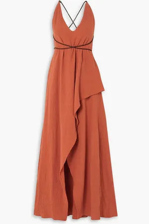 Caravana Pakaku asymmetric leather-trimmed cotton-gauze maxi dress
