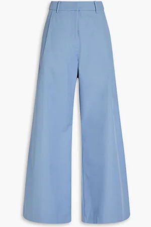 Anna Quan Pleated cotton-blend twill wide-leg pants - Blue