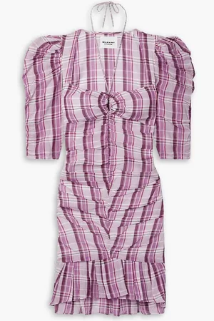 Marant Etoile Galdino ruched checked cotton-voile mini dress - Purple