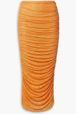 Self-Portrait Ruched crystal-embellished mesh midi skirt