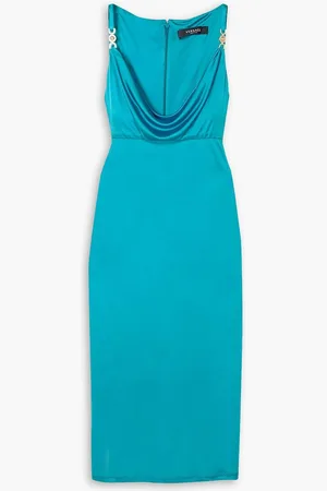 VERSACE Embellished draped metallic jersey dress - Blue