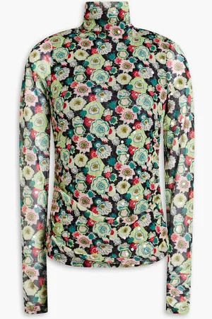 Cinq A Sept Kiwi embellished ruched printed mesh turtleneck top