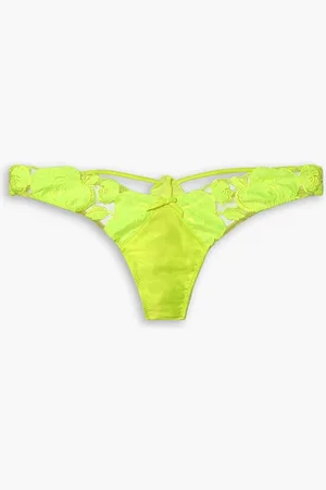FLEUR DU MAL Rose embroidered tulle and satin low-rise thong - Yellow