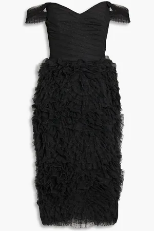 Marchesa Notte Off-the-shoulder ruffled Swiss-dot tulle midi dress