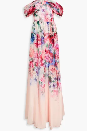 Marchesa Notte Off-the-shoulder draped floral-print chiffon gown - Pink