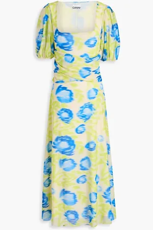 Ganni Ruched printed stretch-mesh midi dress