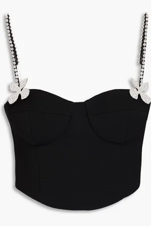 AREA Cropped crystal-embellished wool-blend crepe bustier top