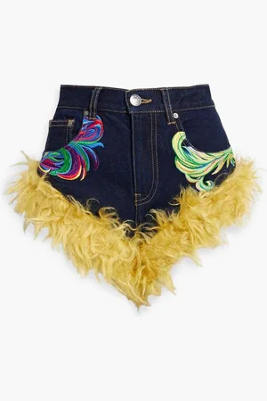 AREA Faux fur-trimmed embroidered denim shorts - Blue