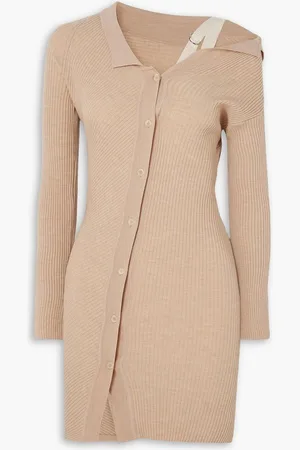 Jacquemus Colin asymmetric ribbed wool-blend mini dress - Neutral