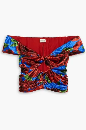 MAGDA BUTRYM Off-the-shoulder cropped cutout floral-print stretch-velvet top