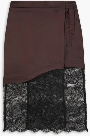 Ganni Stretch-satin and corded lace wrap skirt - Brown