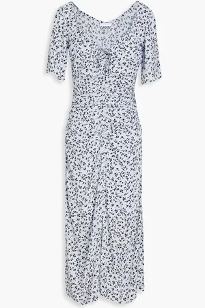 Ganni Ruched printed crepe midi dress - Blue