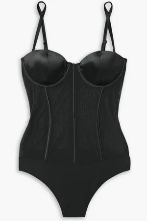 FLEUR DU MAL Underwired mesh and stretch-silk satin thong bodysuit