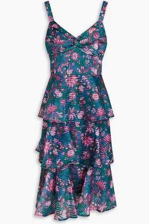 Marchesa Notte Tiered floral-print devoré-organza midi dress