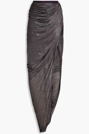 Rick Owens Wrap-effect ruched metallic knitted maxi skirt